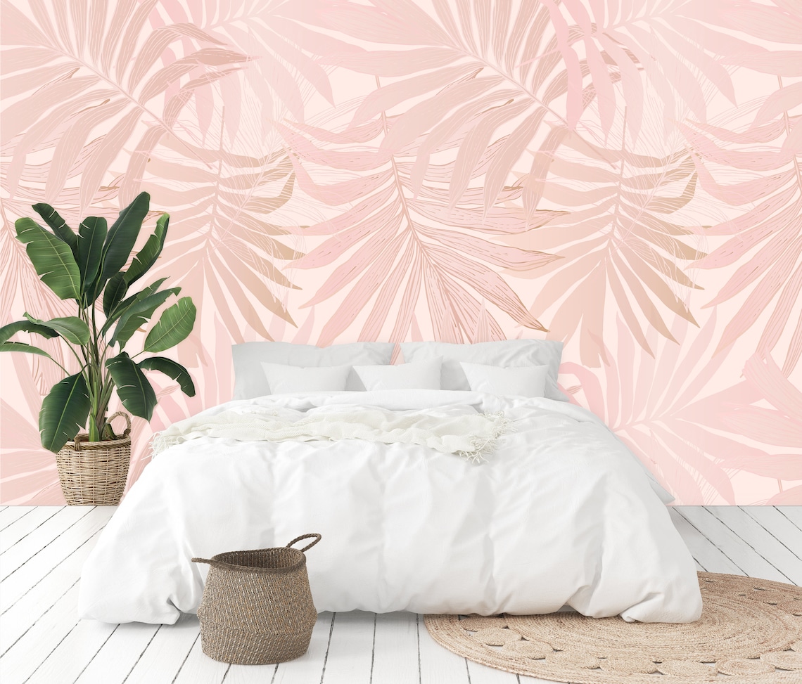 Pink Palm Leaves Wallpaper Pink Leaves Wallpaper Pink - Etsy