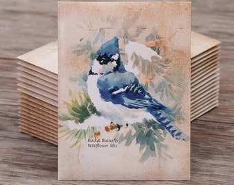 Snowy Blue Jay Happy Holidays Gift Tag Card - Bird & Butterfly Wildflower Mix Seed Packets - 25 Seed Packets - Non-GMO