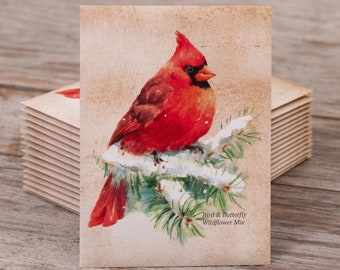 Snowy Cardinal Gift Tag - Bird & Butterfly Wildflower Mix Seed Packets- 25 Seed Packets