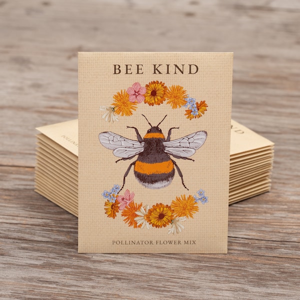 Bee Kind - Pollinator Wildflower Mix Seed Packets - 25 Seed Packets - Perfect Eco-Friendly Gift - Blank Card - Non GMO Flower Seeds