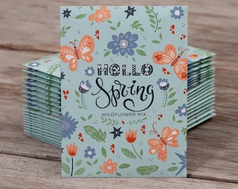 Hello Spring Blue Background - Wildflower Mix Seed Packets - 25 Seed Packets- Perfect Eco-Friendly Thank You Gift - Non GMO Seeds