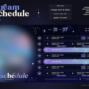 Peut inclure: Un modèle de planning de stream numérique sur le thème de la nuit étoilée. Le design présente une palette de couleurs bleu foncé et violet avec des constellations et des graphiques d'étoiles. Le modèle comprend des sections pour les titres de stream, les dates et les commentaires.