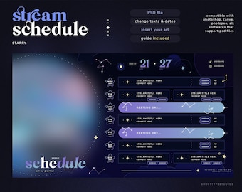 Editable Starry Stream Schedule | PSD files | 1920*1080 and 1080*1080 format | Customizable | VTuber Stream Schedule