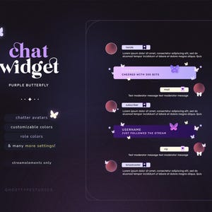 May include: A digital graphic for a chat widget, featuring a purple butterfly theme. The design includes chat avatars, customizable colors, and role colors. The text reads "chat widget" and "Purple Butterfly".