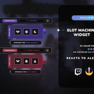 May include: Halloween themed Twitch slot machine widget with a purple and red design. The widget has three slots with icons of a bat, a moon, and a pentagram. The widget also has a button that says "Spinning for Song Request".