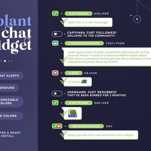 May include: A graphic illustration of a plant chat widget with customisable features, including in-chat alerts, pronouns, colours, and role colours. The widget is animated and ready to install. The image also includes text that says "plant chat widget" and "animated & ready to install".