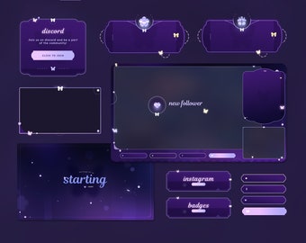 ANIMATED  Purple Butterfly Stream Bundle | Twitch Pack | Overlays | Screens | Alerts | Panels | Stinger Transtion | Webcam Overlay