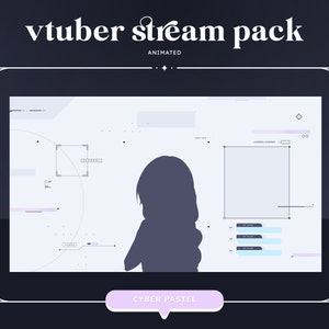 Pode incluir: Uma ilustra&ccedil;&atilde;o digital de uma tela de tablet com um fundo animado azul e branco. O fundo apresenta uma silhueta de uma pessoa com cabelo comprido, formas geom&eacute;tricas e linhas. O texto "vtuber stream pack animated" est&aacute; na parte superior da tela. O texto "CYBER PASTEL" est&aacute; na parte inferior da tela.
