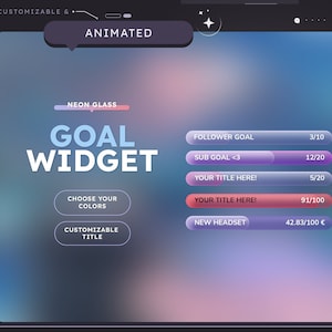 Neon Glass Goal Widget (CUSTOMIZABLE COLORS) | Twitch | Pastel Minimal | Aesthetic | Gamer | Streamer | Sub Goal | Cozy | Lo-fi