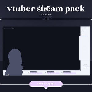 Pode incluir: Pacote de streaming animado para um YouTuber virtual com um esquema de cores roxo e branco. O pacote inclui uma moldura de webcam, uma caixa de bate-papo e outros elementos. O texto "CYBER PASTEL" &eacute; exibido em um bot&atilde;o.