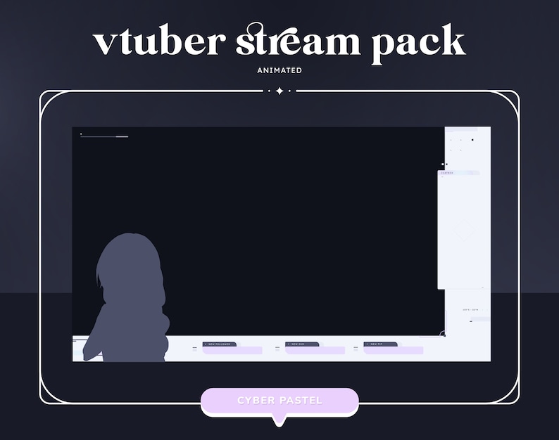 Pode incluir: Pacote de streaming animado para um YouTuber virtual com um esquema de cores roxo e branco. O pacote inclui uma moldura de webcam, uma caixa de bate-papo e outros elementos. O texto "CYBER PASTEL" &eacute; exibido em um bot&atilde;o.