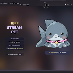 May include: A cartoon illustration of a blue shark with a pink collar and a gold tag. The shark is smiling and has big eyes. The text "JEFF STREAM PET" is above the shark. Below the shark is the text "!commands reacts to alerts set permissions & many more settings! streamelements only username just followed"