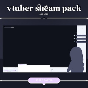 Pode incluir: Um pacote de streaming animado para um YouTuber virtual, com cores roxa e branca. O pacote inclui uma sobreposi&ccedil;&atilde;o de tela, alertas e uma moldura de webcam. O texto "CYBER PASTEL" &eacute; exibido em um bot&atilde;o.