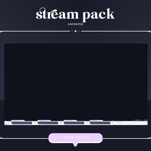 Pode incluir: Um pacote de streaming animado em preto e branco com uma borda roxa e branca. O texto "stream pack" est&aacute; em branco com um contorno roxo. O texto "animated" est&aacute; em branco e o texto "CYBER PASTEL" est&aacute; em roxo e branco.