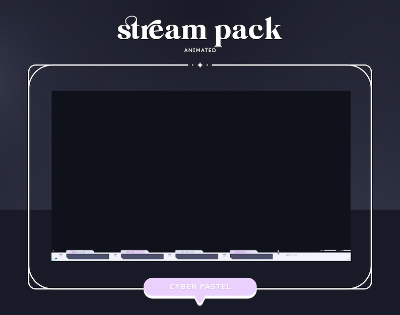 Pode incluir: Um pacote de streaming animado em preto e branco com uma borda roxa e branca. O texto "stream pack" est&aacute; em branco com um contorno roxo. O texto "animated" est&aacute; em branco e o texto "CYBER PASTEL" est&aacute; em roxo e branco.