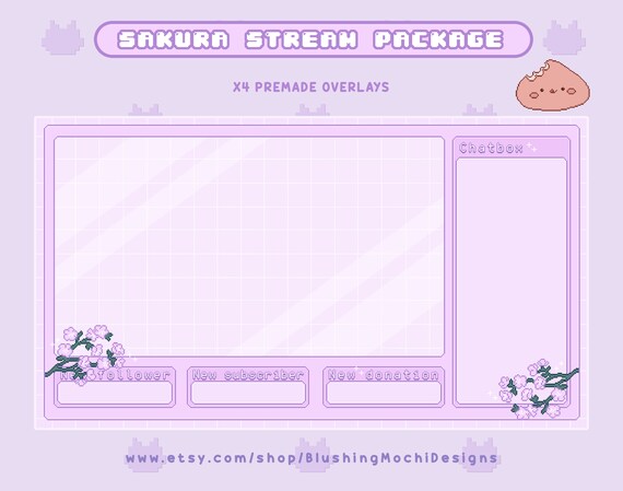 Pink 8bit x4 Pixel Sakura Twitch Overlays Pixel Art Gamer Cute Aesthetic Kawaii Just chatting Streamer Retro