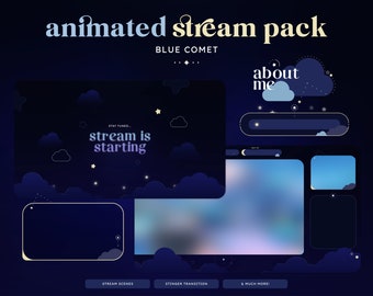ANIMATED Blue Comet Twitch Package |  Animated Overlays | Screens |  Alerts | Panels | Aesthetic | Streamer | Gamer