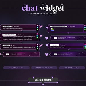 Puede incluir: Un widget de chat morado y rosa con un tema de demonio. El widget incluye secciones para nombres de usuario, mensajes y alertas. El texto "chat widget" se muestra en una fuente grande en la parte superior de la imagen.