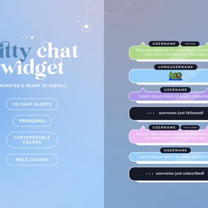 Könnte beinhalten: Eine hellblaue und rosafarbene Grafik mit dem Text "kitty chat widget" und den Worten "animiert und bereit zur Installation". Die Grafik zeigt eine Liste von Funktionen für ein Chat-Widget, darunter In-Chat-Benachrichtigungen, Pronomen, anpassbare Farben und Rollenfarben.