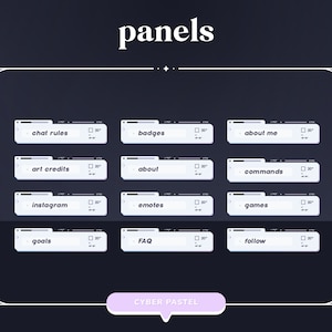 Pode incluir: Um conjunto de 12 pain&eacute;is brancos com cantos arredondados e uma borda azul claro. Cada painel tem um r&oacute;tulo de texto diferente, como "regras de bate-papo", "ins&iacute;gnias", "sobre mim", "cr&eacute;ditos de arte", "sobre", "comandos", "instagram", "emojis", "jogos", "objetivos", "FAQ" e "seguir". Os pain&eacute;is est&atilde;o dispostos em uma grade e t&ecirc;m um fundo branco com uma borda azul claro. O texto est&aacute; em preto e est&aacute; centralizado em cada painel. Os pain&eacute;is s&atilde;o rotulados como "pain&eacute;is" na parte superior e "CYBER PASTEL" na parte inferior.