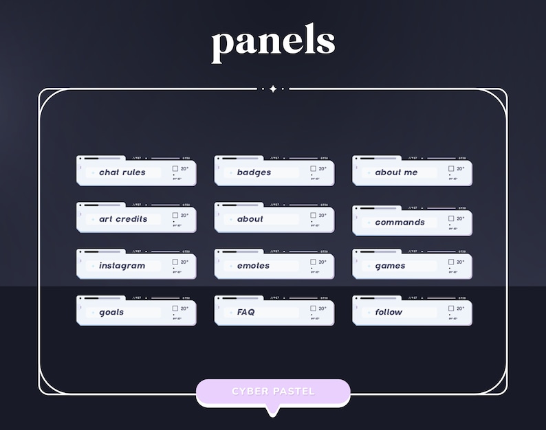 Pode incluir: Um conjunto de 12 pain&eacute;is brancos com cantos arredondados e uma borda azul claro. Cada painel tem um r&oacute;tulo de texto diferente, como "regras de bate-papo", "ins&iacute;gnias", "sobre mim", "cr&eacute;ditos de arte", "sobre", "comandos", "instagram", "emojis", "jogos", "objetivos", "FAQ" e "seguir". Os pain&eacute;is est&atilde;o dispostos em uma grade e t&ecirc;m um fundo branco com uma borda azul claro. O texto est&aacute; em preto e est&aacute; centralizado em cada painel. Os pain&eacute;is s&atilde;o rotulados como "pain&eacute;is" na parte superior e "CYBER PASTEL" na parte inferior.