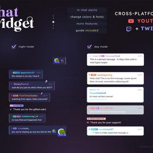 Op de afbeelding: Een digitale afbeelding met een "chatwidget"-ontwerp, met opties voor nacht- en dagmodi. Het ontwerp bevat chatbubbels met gebruikersnamen en berichten, en de tekst "CROSS-PLATFORM: YOUTUBE + TWITCH".