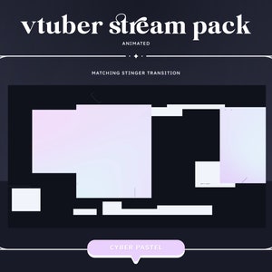 Pode incluir: Pacote de streaming animado para Vtubers com um tema cibern&eacute;tico pastel. O pacote inclui uma transi&ccedil;&atilde;o de picada com um fundo degrad&ecirc; em tons de rosa e azul.