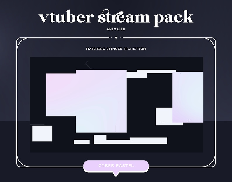 Pode incluir: Pacote de streaming animado para Vtubers com um tema cibern&eacute;tico pastel. O pacote inclui uma transi&ccedil;&atilde;o de picada com um fundo degrad&ecirc; em tons de rosa e azul.