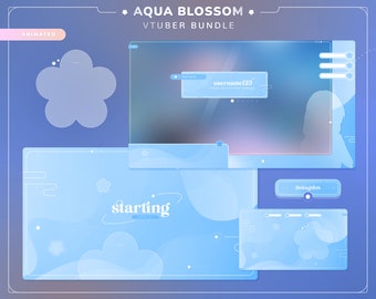 ANIMATED  Aqua Blossom VTuber Bundle | Twitch Package | Overlays | Screens | Alerts | Panels | Chat Widget | Stinger Transition | Pastel