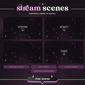 以下が含まれることがあります： 暗い紫色の背景と白い星を持つ4つのアニメーションストリームシーン。シーンには、「開始」、「すぐに戻ります」、「終了」、「BRB」というラベルが付けられています。テキストはピンクのフォントで白いアウトラインが付いています。シーンはTwitchまたはYouTubeでの使用を目的としています。
