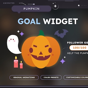 Op de afbeelding: Geanimeerd Halloween-thema doelwidget met een glimlachende pompoen, een geest en twee kaarsen. De widget toont "Volgerdoel 100/100" en "Help de pompoen!" De widget heeft knoppen voor "Geleidelijke animaties", "Kleurvoorinstellingen" en "Aanpasbare kleuren".