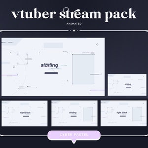 Pode incluir: Um conjunto de sobreposi&ccedil;&otilde;es de stream animadas para Vtubers em uma est&eacute;tica cibern&eacute;tica pastel. As sobreposi&ccedil;&otilde;es incluem uma tela de in&iacute;cio, uma tela de t&eacute;rmino e uma tela de apoio direita.