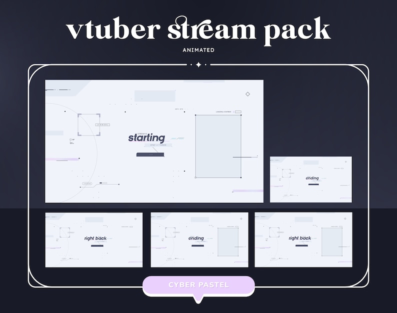 Pode incluir: Um conjunto de sobreposi&ccedil;&otilde;es de stream animadas para Vtubers em uma est&eacute;tica cibern&eacute;tica pastel. As sobreposi&ccedil;&otilde;es incluem uma tela de in&iacute;cio, uma tela de t&eacute;rmino e uma tela de apoio direita.