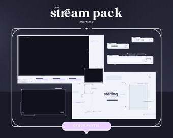May include: Animated stream pack with a cyber pastel theme. The pack includes a variety of elements, such as a chat rules box, a contact box, a live subscriber count box, a starting soon screen, and a webcam overlay.