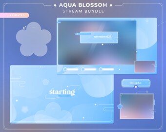 ANIMATED  Aqua Blossom Stream Bundle | Twitch Package | Overlays | Screens | Alerts | Panels | Chat Widget | Stinger Transition | Pastel