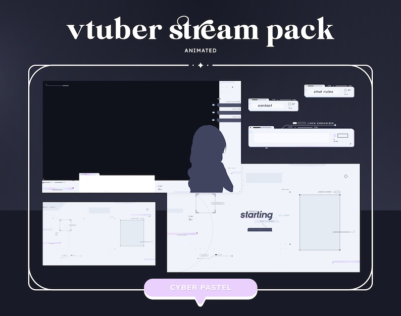 Pode incluir: Pacote de streaming VTuber animado com tema cibern&eacute;tico pastel. O pacote inclui uma tela inicial, regras de bate-papo, contato e um painel de contagem de assinantes ao vivo.