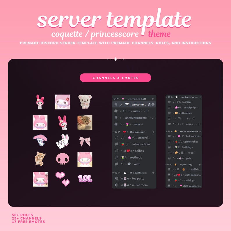 May include: A pink and white themed Discord server template with a coquette/princesscore aesthetic. The template includes channels, roles, and emotes. The image shows a grid of 16 emotes, including a cat, a skull, a heart, and a bow. The text "CHANNELS & EMOTES" is at the top of the image.