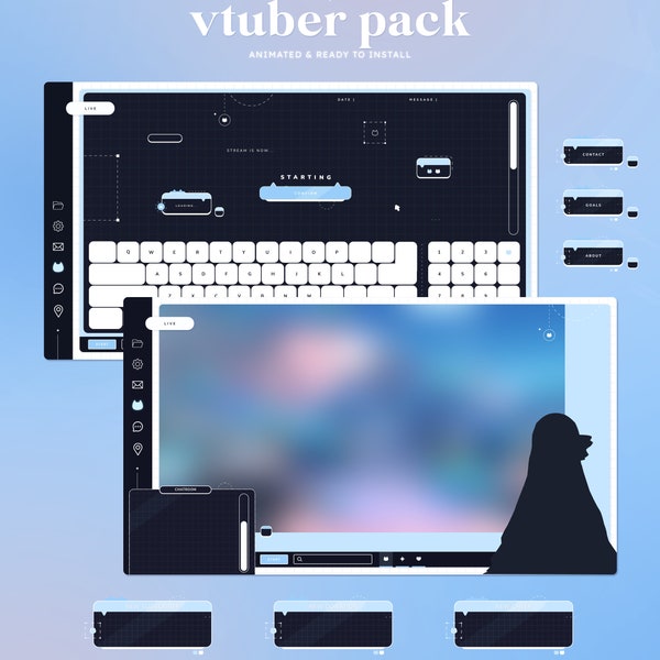 ANIMIERTES Browser Kitty VTuber Stream Bundle | Blau | Twitch Paket | Overlays | Schirme | Benachrichtigungen | Paneele | Stinger Übergang