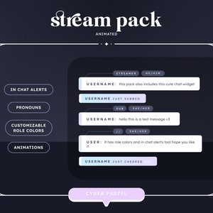 Pode incluir: Uma captura de tela de um pacote de streaming Twitch com um tema cibern&eacute;tico pastel. O pacote inclui alertas de bate-papo animados, cores de fun&ccedil;&atilde;o personaliz&aacute;veis e pronomes. O texto na tela diz "stream pack animated" e "CYBER PASTEL".