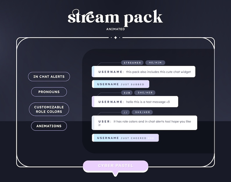 Pode incluir: Uma captura de tela de um pacote de streaming Twitch com um tema cibern&eacute;tico pastel. O pacote inclui alertas de bate-papo animados, cores de fun&ccedil;&atilde;o personaliz&aacute;veis e pronomes. O texto na tela diz "stream pack animated" e "CYBER PASTEL".