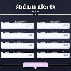 Pode incluir: Um conjunto de oito alertas de transmiss&atilde;o animados em um esquema de cores roxo pastel e branco. Os alertas incluem: Novo assinante, Novo anfitri&atilde;o, Novas assinaturas presenteadas, Novo cheer, Novo seguidor, Nova doa&ccedil;&atilde;o, Nova gorjeta e Nova resub.