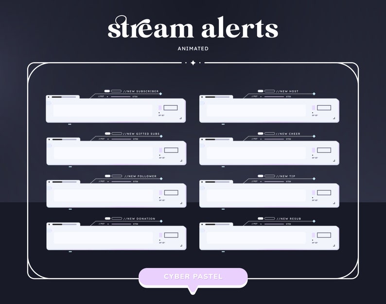 Pode incluir: Um conjunto de oito alertas de transmiss&atilde;o animados em um esquema de cores roxo pastel e branco. Os alertas incluem: Novo assinante, Novo anfitri&atilde;o, Novas assinaturas presenteadas, Novo cheer, Novo seguidor, Nova doa&ccedil;&atilde;o, Nova gorjeta e Nova resub.