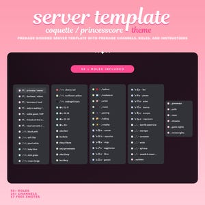 May include: A digital image of a Discord server template with a coquette/princesscore theme. The template includes 50+ roles, 25+ channels, and 17 free emotes. The image shows a list of roles with names and icons, including princess/owner, duchess/admin, baroness/mod, lady in waiting, noble guest/VIP, friends of the royal servants, blush pink, soft lilac, pearl white, baby blue, mint green, cream beige, cherry red, sunflower yellow, midnight black, fashion, bookworm, artist, music, gaming, baking, cosplay, cancer, aquarius, virgo, sagittarius, libra, gemini, leo, pisces, taurus, scorpio, capricorn, north america, europe, oceania, asia, africa, south & central, updates, giveaways, polls, news, streams, game nights, and movie nights.