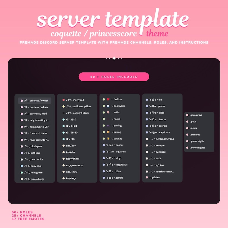 May include: A digital image of a Discord server template with a coquette/princesscore theme. The template includes 50+ roles, 25+ channels, and 17 free emotes. The image shows a list of roles with names and icons, including princess/owner, duchess/admin, baroness/mod, lady in waiting, noble guest/VIP, friends of the royal servants, blush pink, soft lilac, pearl white, baby blue, mint green, cream beige, cherry red, sunflower yellow, midnight black, fashion, bookworm, artist, music, gaming, baking, cosplay, cancer, aquarius, virgo, sagittarius, libra, gemini, leo, pisces, taurus, scorpio, capricorn, north america, europe, oceania, asia, africa, south & central, updates, giveaways, polls, news, streams, game nights, and movie nights.