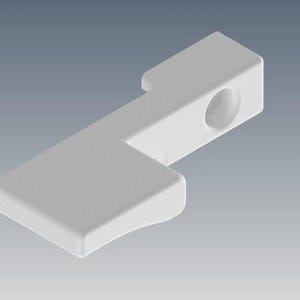 May include: A solid white, L-shaped component with a smooth, matte finish. The object features a rectangular base that extends into a narrower arm, which includes a single circular indentation or hole on its side, showcasing a clean, geometric form.