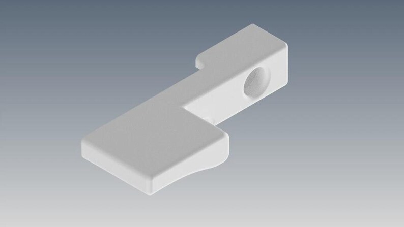 May include: A solid white, L-shaped component with a smooth, matte finish. The object features a rectangular base that extends into a narrower arm, which includes a single circular indentation or hole on its side, showcasing a clean, geometric form.