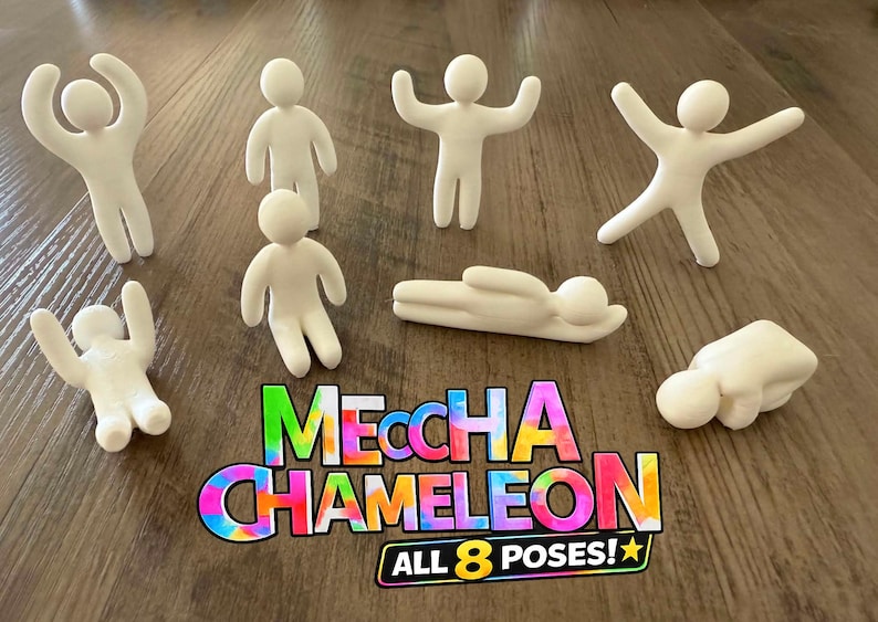 May include: Eight white, smooth, featureless humanoid figurines in various poses, including standing, sitting, and lying down. Below the figures, the text reads "MECCHA CHAMELEON ALL 8 POSES!" in a colorful, tie-dye style font with a yellow star.