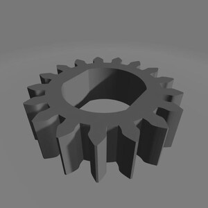 May include: A matte grey gear featuring sixteen evenly spaced teeth around its circular perimeter and a central opening with a flat-sided inner edge, presented against a neutral grey background to highlight its mechanical form and structure.