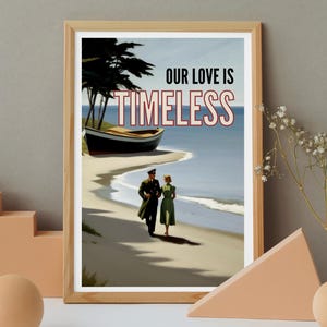 Impresión artística digital con escena romántica de pareja militar en la playa en estilo Edward Hopper / "Nuestro amor es eterno" / Regalo perfecto para pareja militar