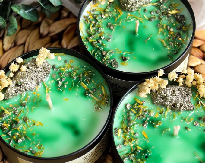 Featured listing image: POT OF GOLD | Crystal Candle | Herbal Candle | Soy Wax Candle | 6.4 oz | St Patty's Day Candle | St. Patrick's Day | Pyrite Candle